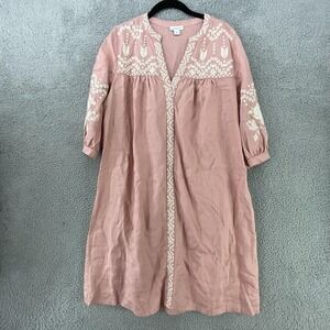 Sundance Dress Womens L Pink Embroidered Trapeze Swing Midi Linen Pullover